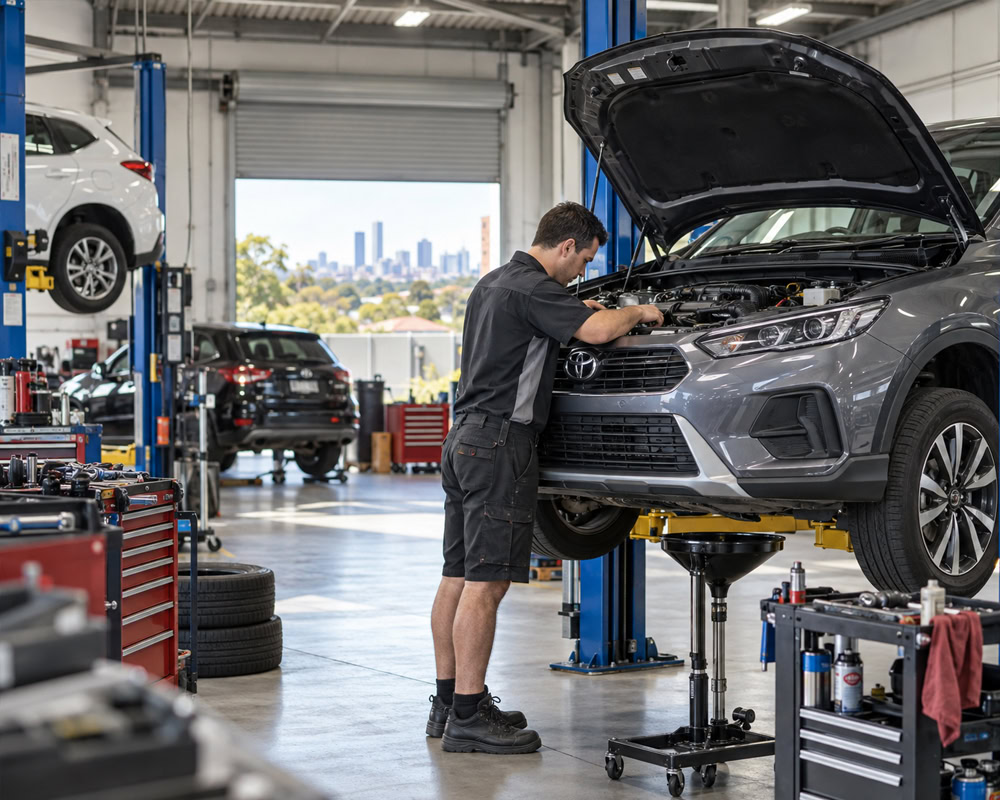 Mechanic servicing a vehicle on a workshop hoist