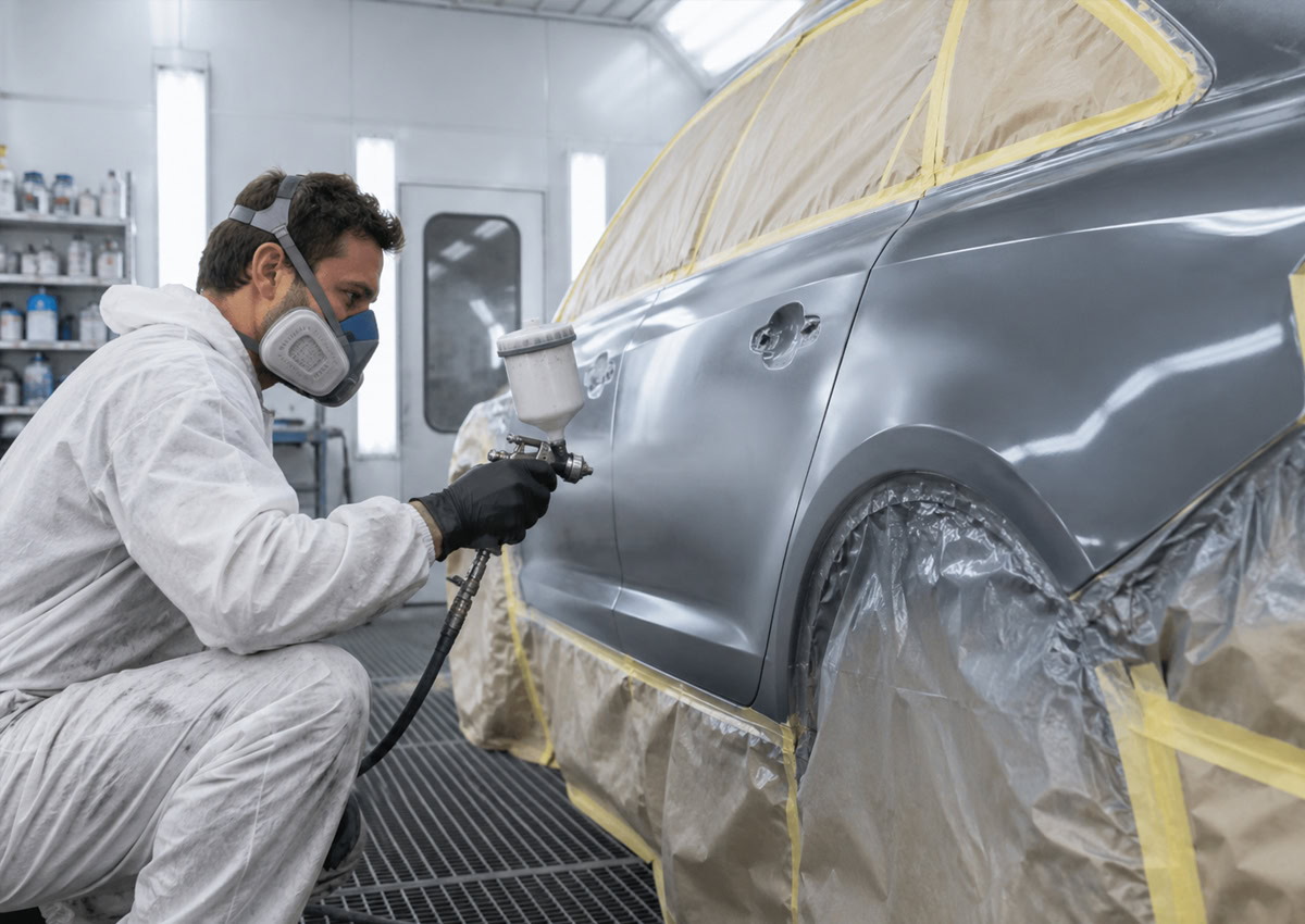 Technicians fitting a windscreen in the workshop